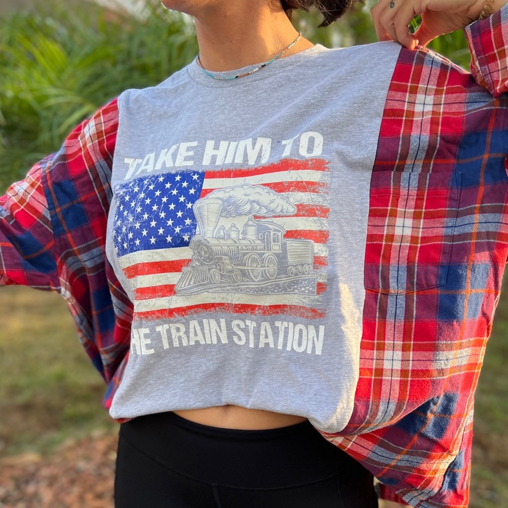 Take Him To The Train Station Flannel Tee Rework
